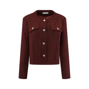 Collarless Jacket Button Front Cropped Tweed Blazer Wine Red